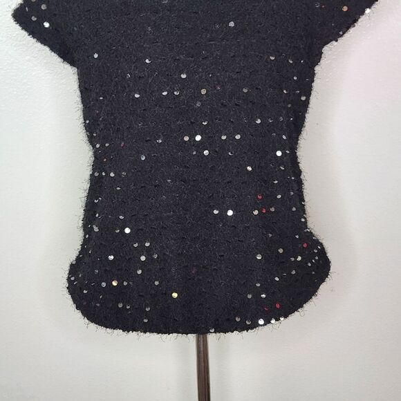 Gap Black Fuzzy Cap Sleeve Sequin Sweater Size Medium - Picture 4 of 11